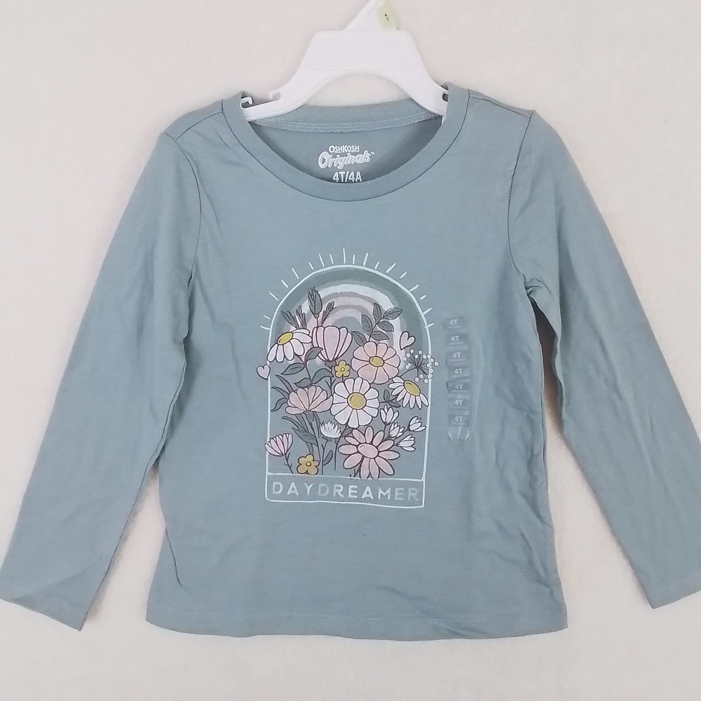 Oshkosh Long‎ Sleeve Cotton T-Shirt Girl's Size 4 Green w/ Garden Theme